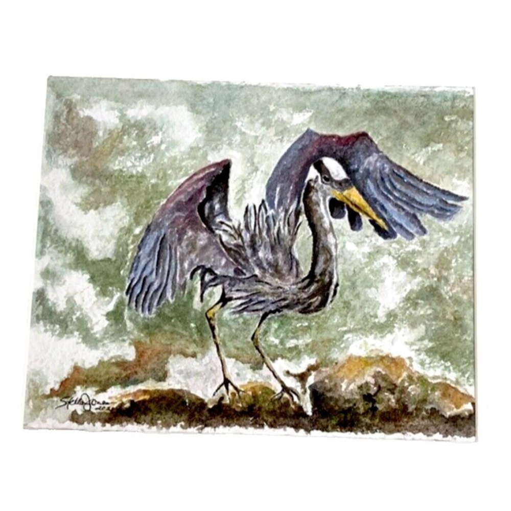 Original Watercolor Painting Draper's Blue Heron Signed Stella Jones 2021 Bird